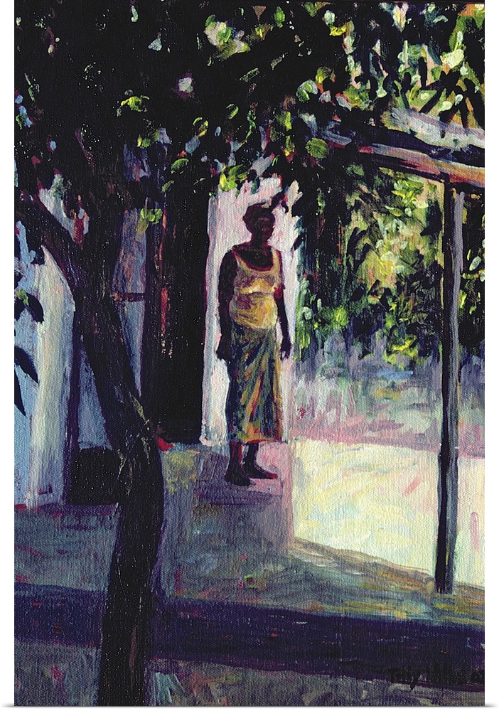 Big vertical figurative painting of an African American woman in a skirt and tank top, standing beneath a canopy that sits...
