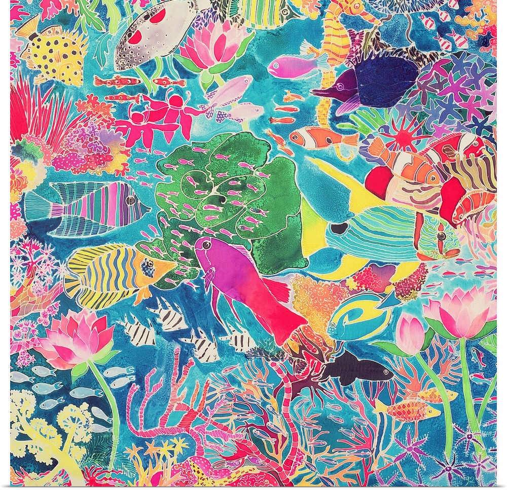 Contemporary painting of several tropical fish in a coral reef.