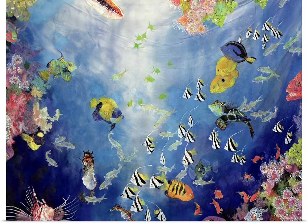 Large, landscape artwork of a colorful, underwater scene with a large variety of tropical fish surrounded by vibrant clust...