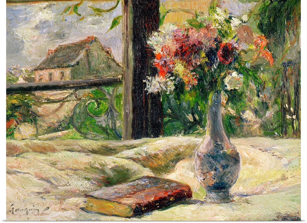 Large impressionalistic painting of a vase of flowers by a book near a window with a cottage outside.