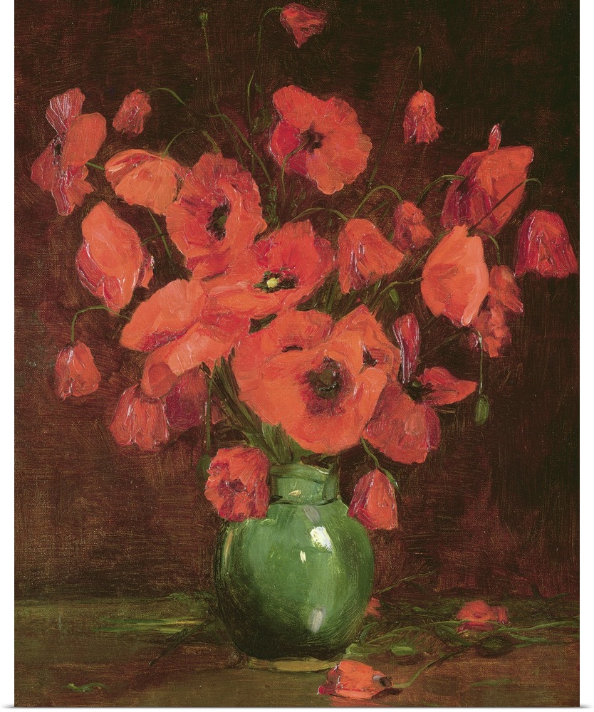 Classic art painting of a green vase filled with giant red poppy flowers.