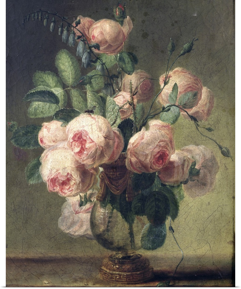 This large oil painting is of pink roses coming out of an antique vase with a cracked texture over the entire painting.