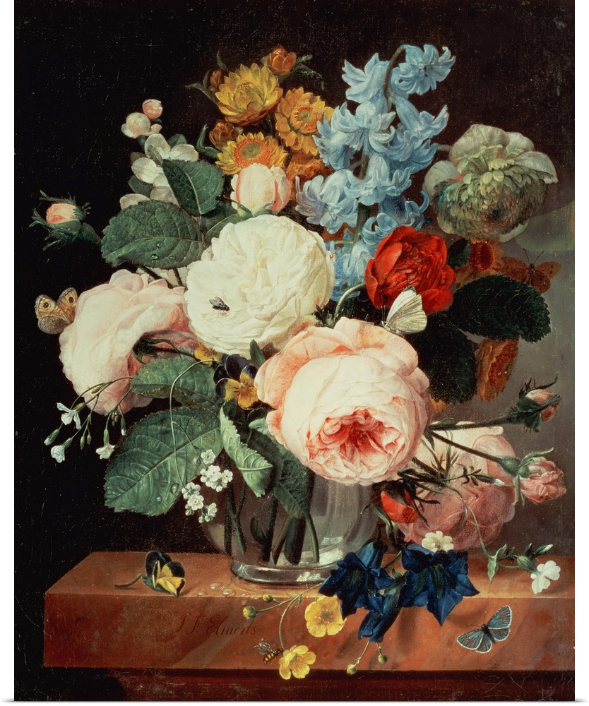BAL23098 Vase of Flowers on a marble ledge; by Ehaerts, T.F. (early 17th century); Private Collection; out of copyright