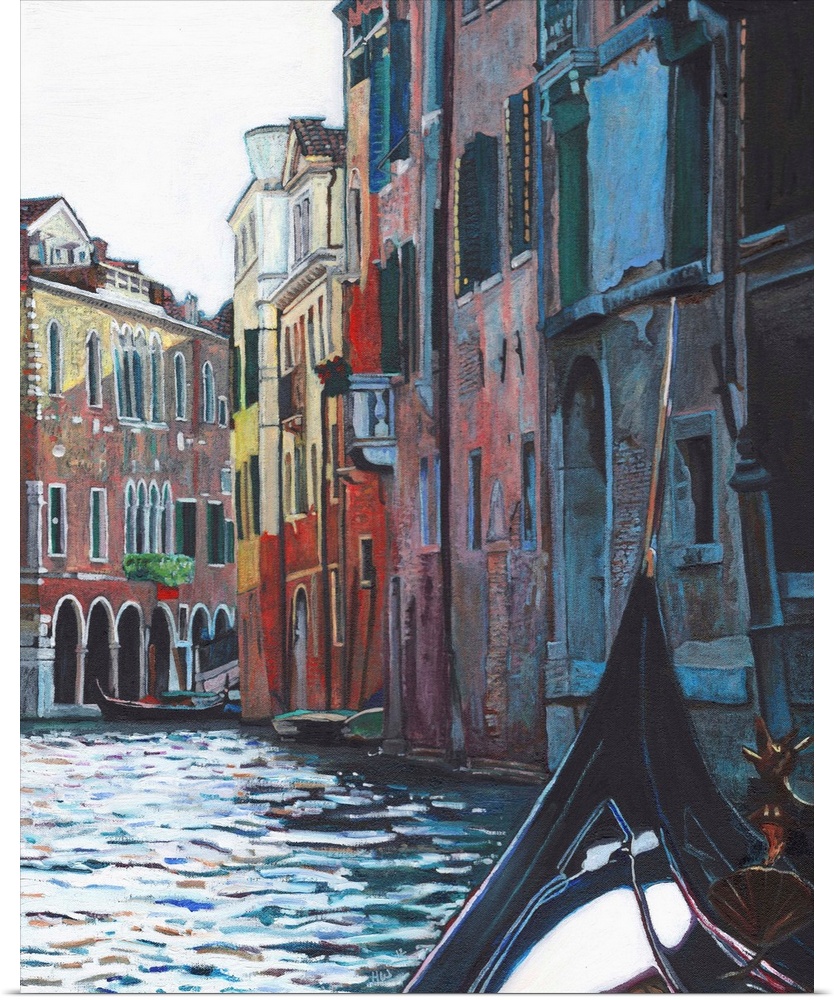 Contemporary painting of a view of Venice from the seat of a gondola.