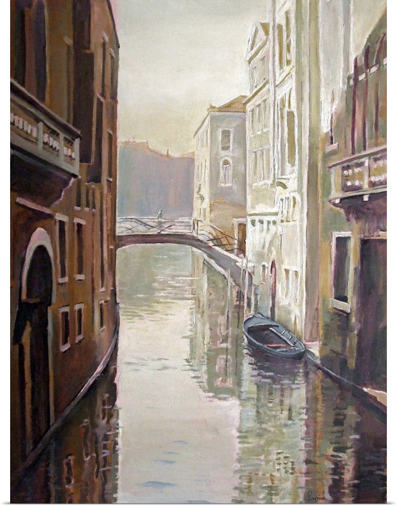 This decorative wall art is a contemporary vertical painting of a canal and the historic buildings that line it.