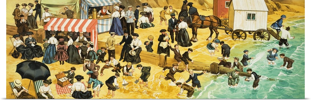 Victorian or Edwardian Beach Scene. Original artwork for Look and Learn (issue yet to be identified).