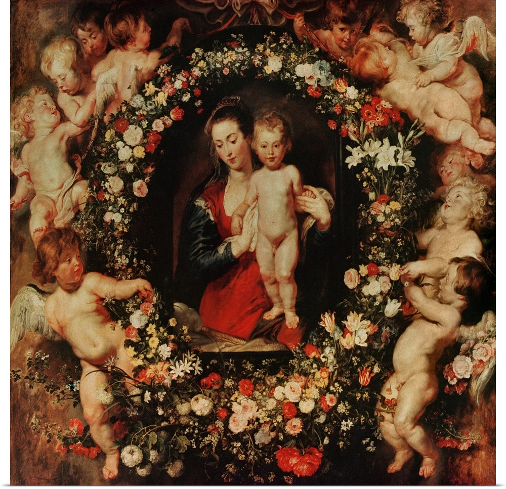 BAL3992 Virgin with a Garland of Flowers, c.1618-20 (oil on panel)  by Rubens, Peter Paul (1577-1640); 185x210 cm; Alte Pi...