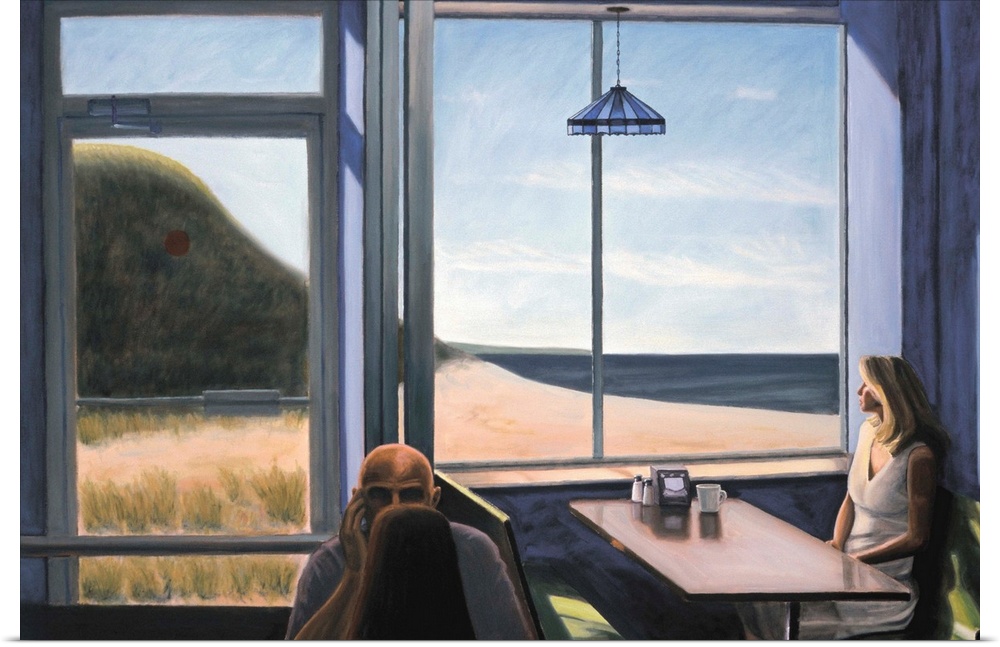 Contemporary painting of a woman seated at a diner looking out a window at the ocean.