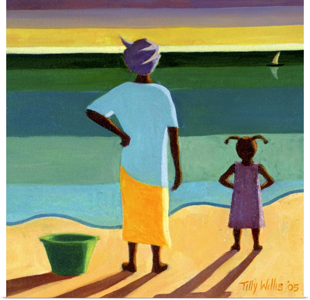 Large, square contemporary painting of a woman and a small girl standing next to a bucket on the beach, watching the sunse...