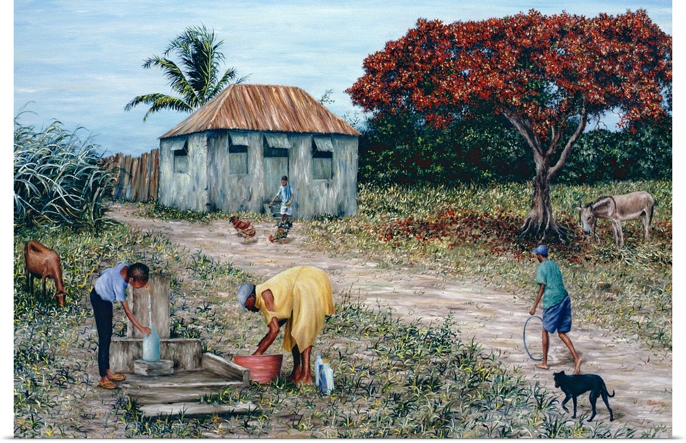 Large artwork of a woman drawing water from a well, a woman washing clothes in a bucket, and two children playing amongst ...