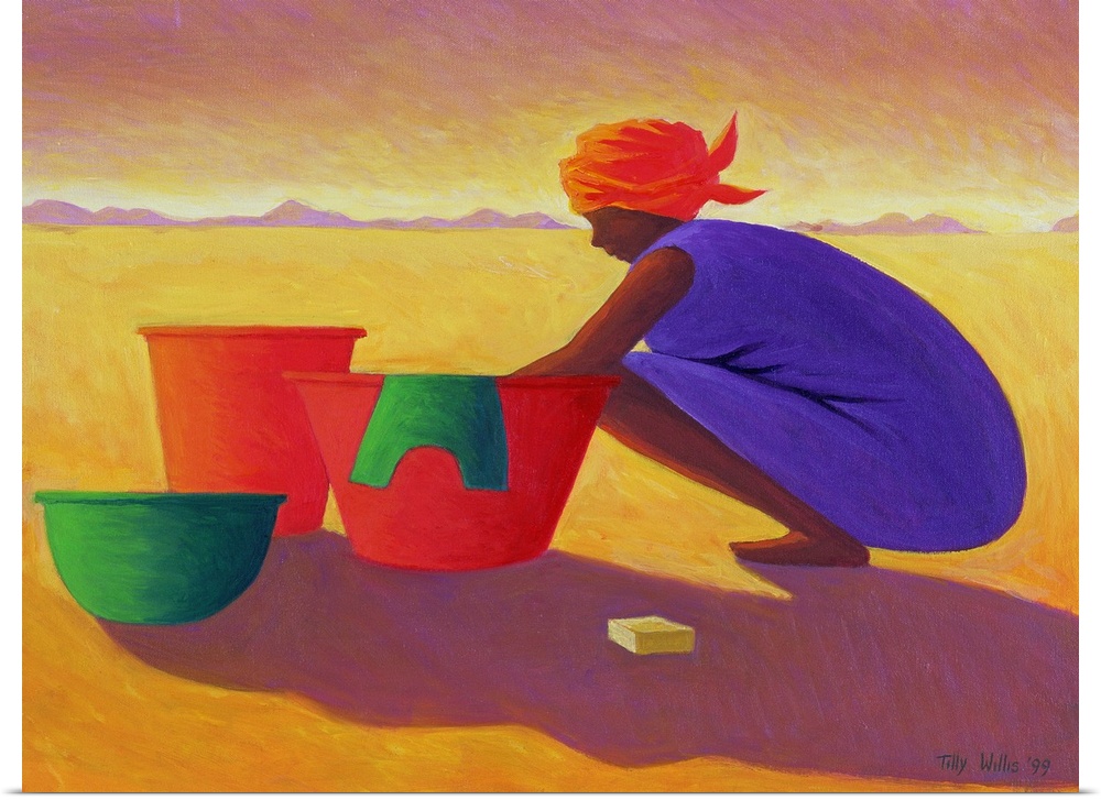 Big, landscape painting of and African-American woman crouched down while washing laundry in a large bin.  Two smaller bin...