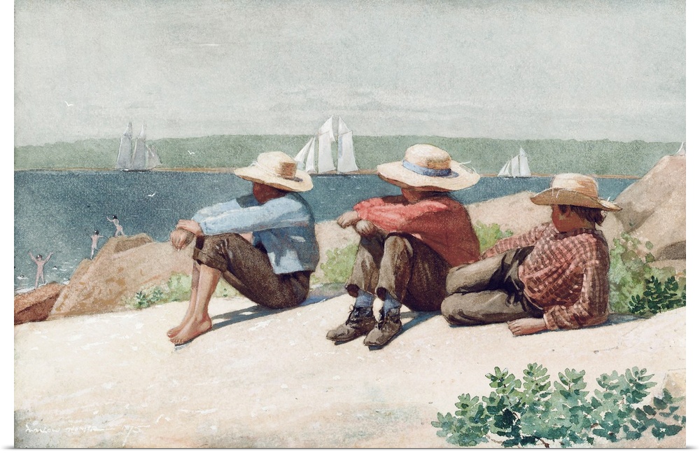 A serene coastal scene of three boys wearing straw hats and sitting on a large rock watching sailboats in the distance.