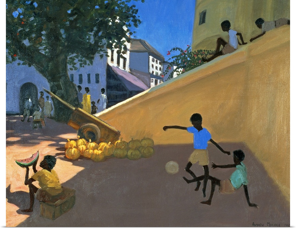 Giant contemporary art portrays a group of children playing and eating watermelons in a street found within East Africa.  ...