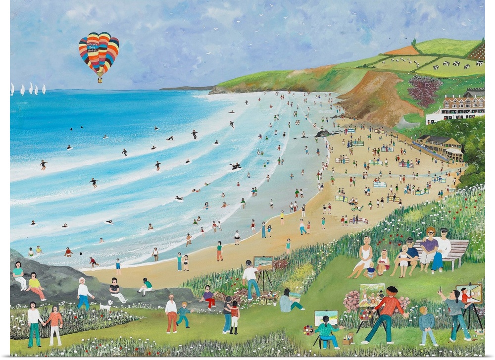 Contemporary artwork of a coastal beach scene.