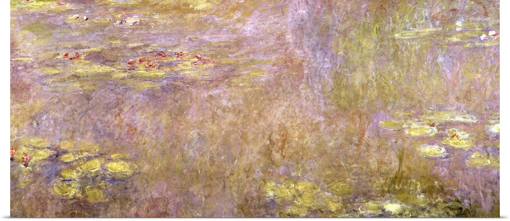 Landscape, classic art painting in warm and golden tones of water lilies and lily pads in swirling waters.