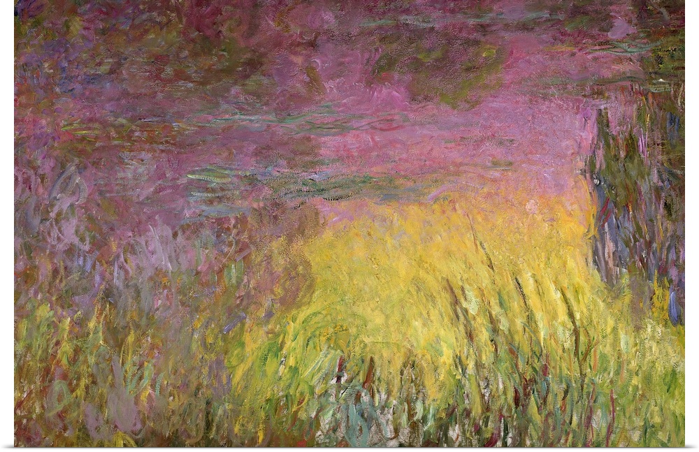 Huge classic art piece includes flowers gently blowing in a breeze within a field as the sun begins to set.
