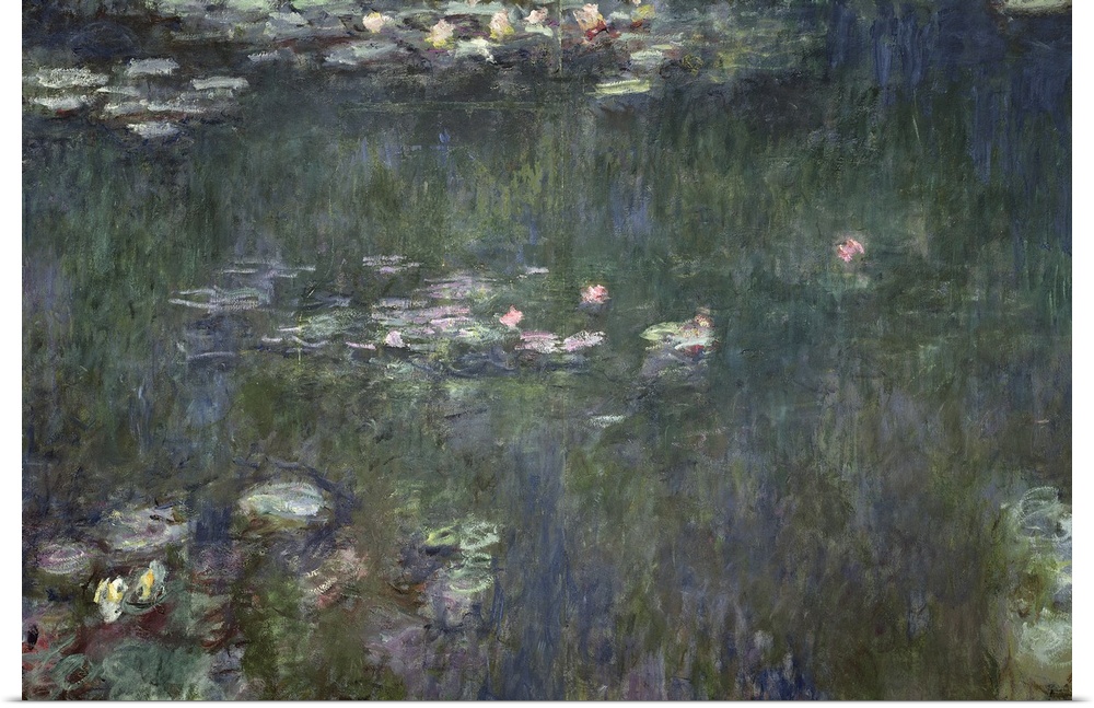 Pastel colored oil painting of flowers and lily pad on lake.