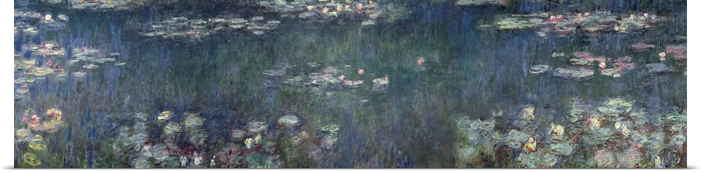 This panoramic wall art of an Impressionist painting shows the surface of a pond and all the plants and flowers growing on...