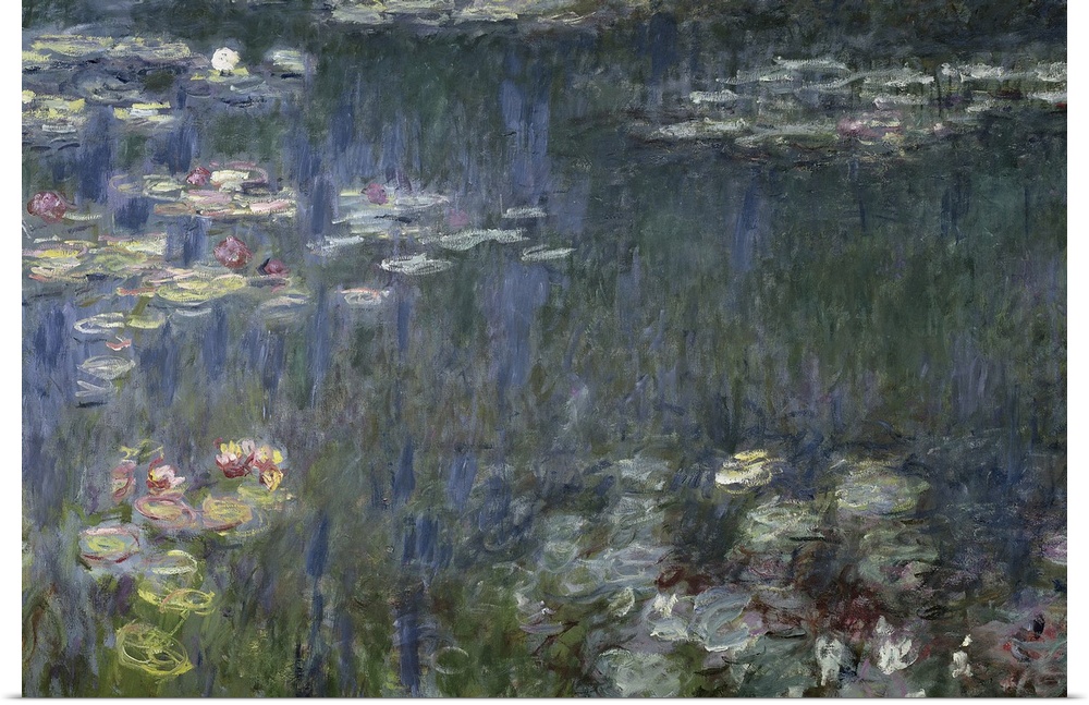 Painting on canvas of lilies on the water with the reflection of trees.