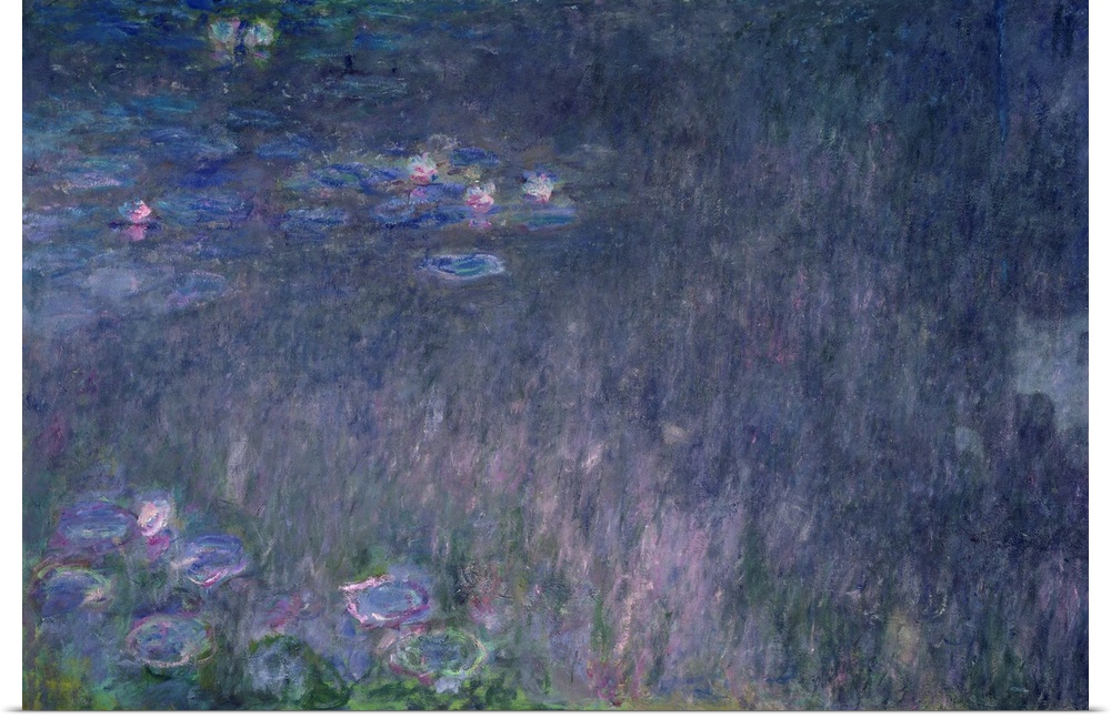 Muted painting of flowers and lily pads in water.