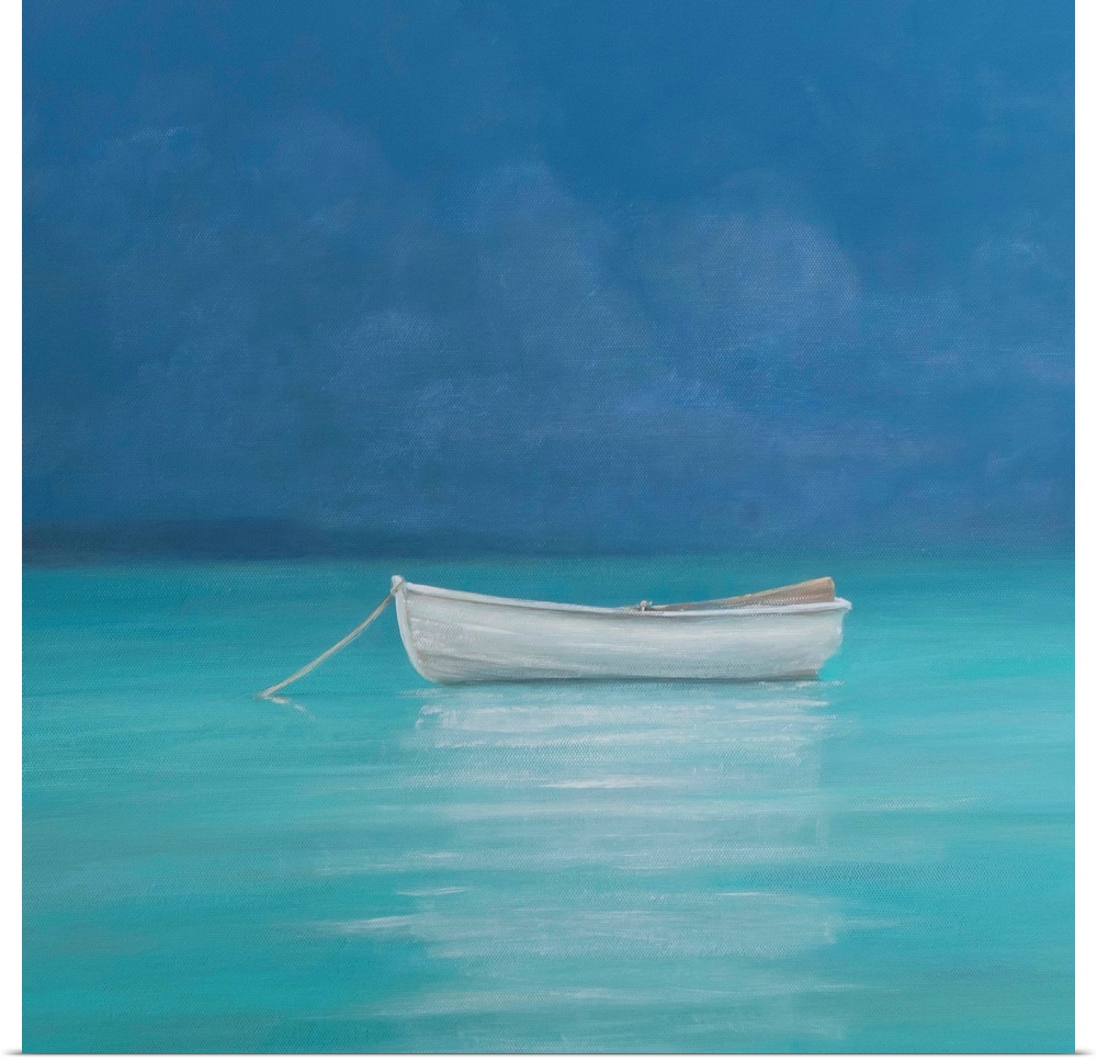 Contemporary painting of a small boat in turquoise water off the Kenyan coast.