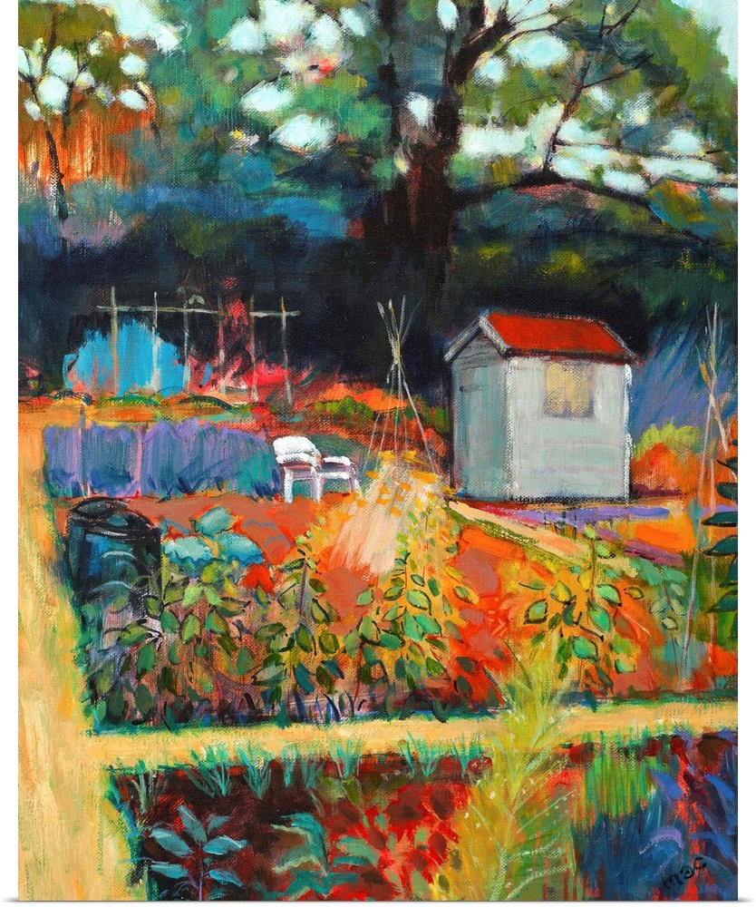 Contemporary painting of a colorful garden scene.
