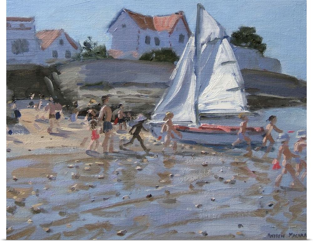 Contemporary painting of a crowd on the beach with a small sail boat sitting on the edge of the water as children walk int...
