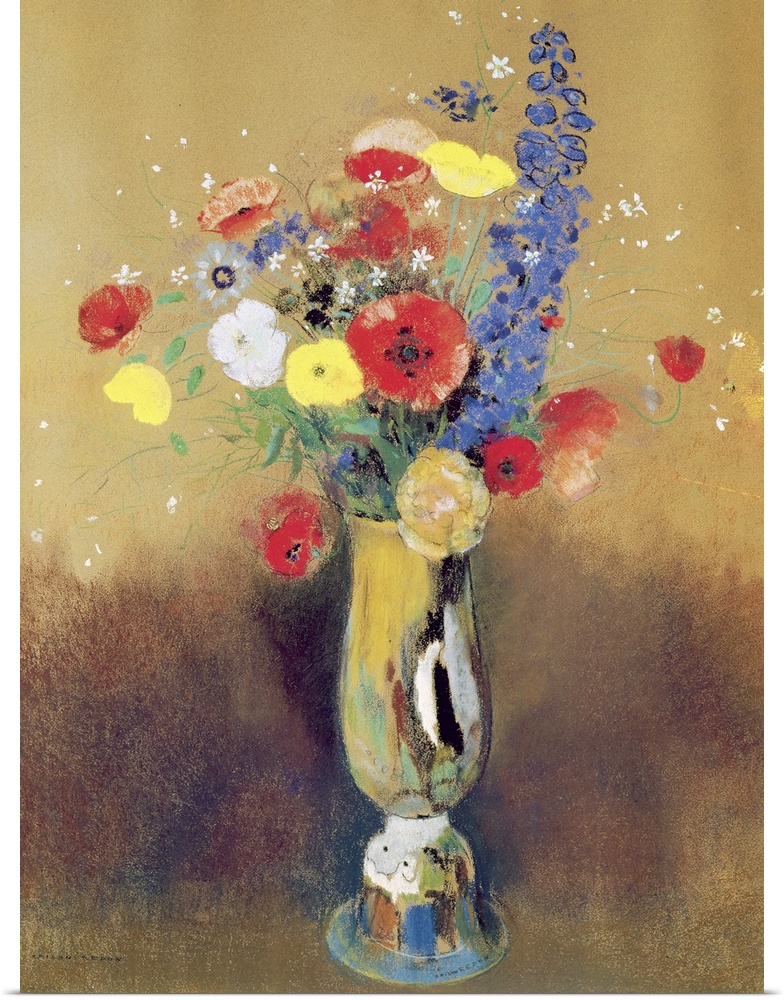XIR83694 Wild flowers in a Long-necked Vase, c.1912 (pastel on paper)  by Redon, Odilon (1840-1916); 57x35 cm; Musee d'Ors...