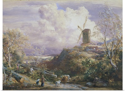 Windmill On A Hill With Cattle Drovers