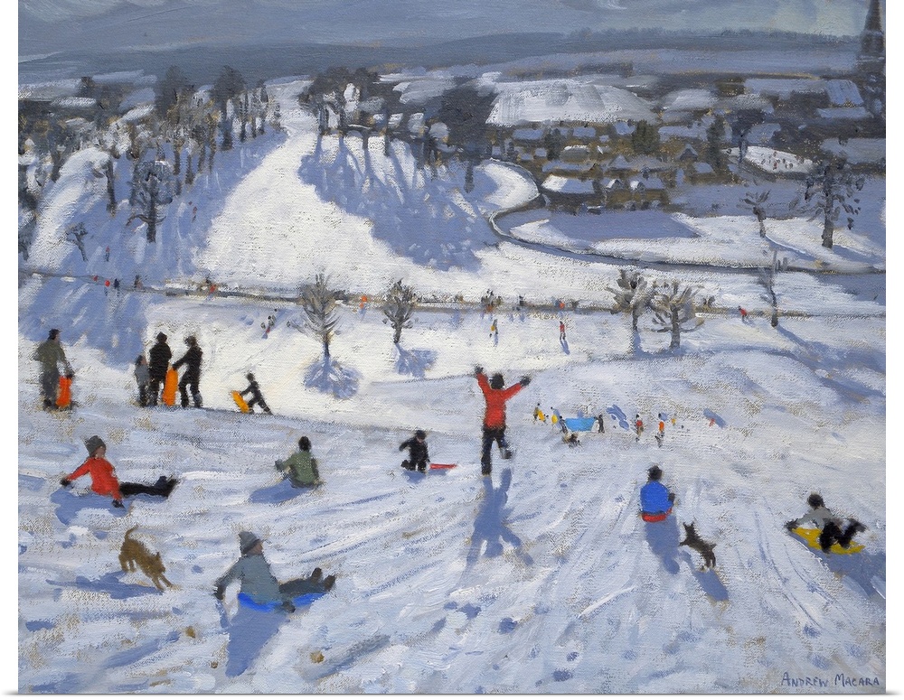 Painting of people with sleds at the top of a snow covered hill overlooking a small town.