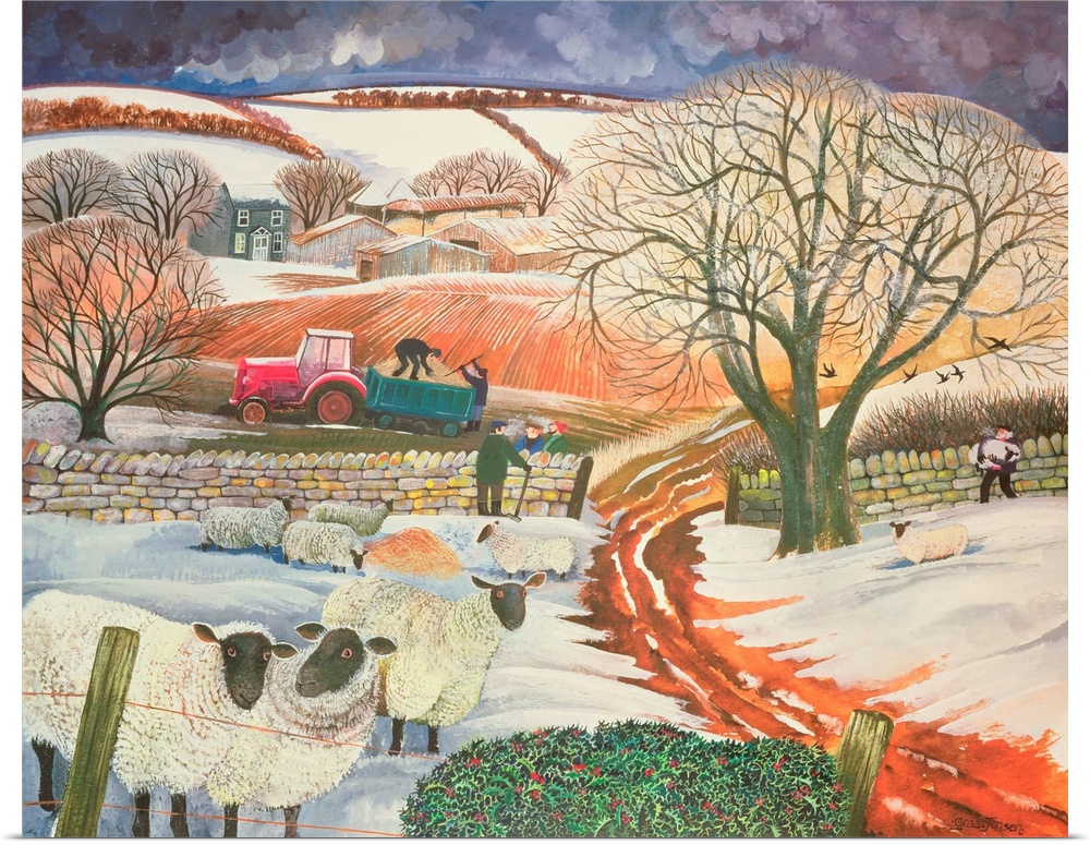 Contemporary painting of a flock of sheep in the countryside in the winter.