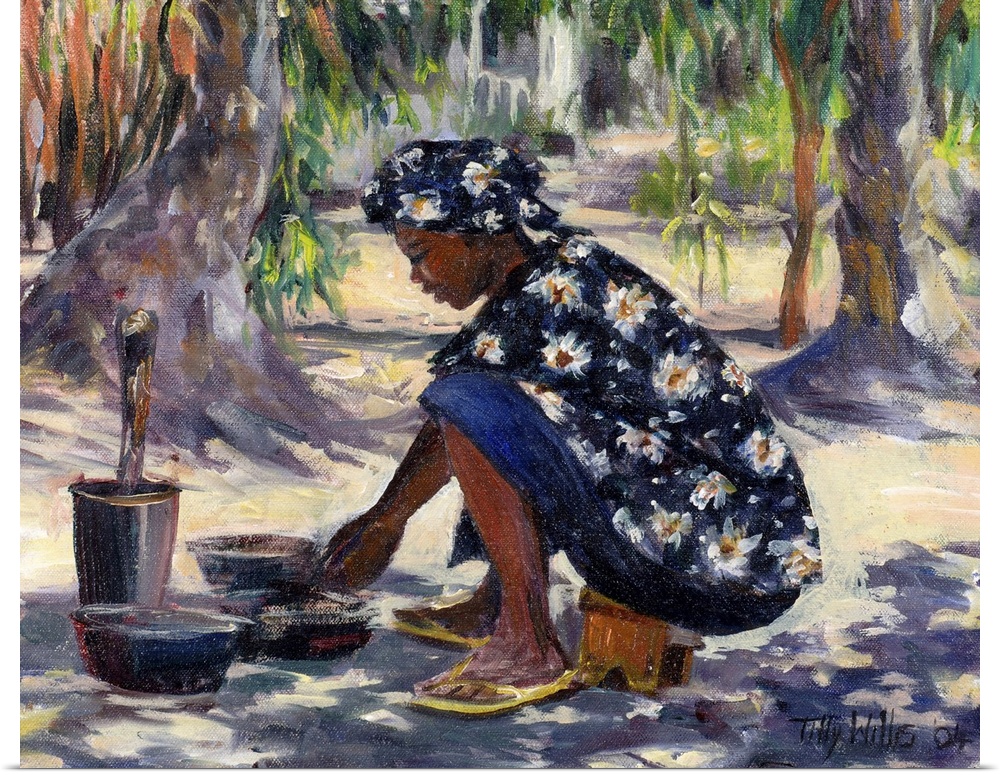 Horizontal painting on a big wall hanging of an African American woman in floral clothing, squatting beneath shade trees a...