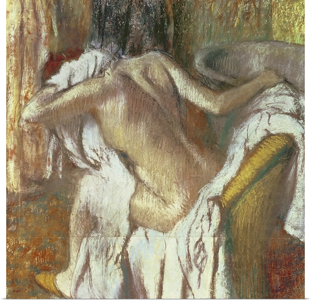 Pastel work by Edgar Degas of a woman drying herself from the National Gallery, London, UK.