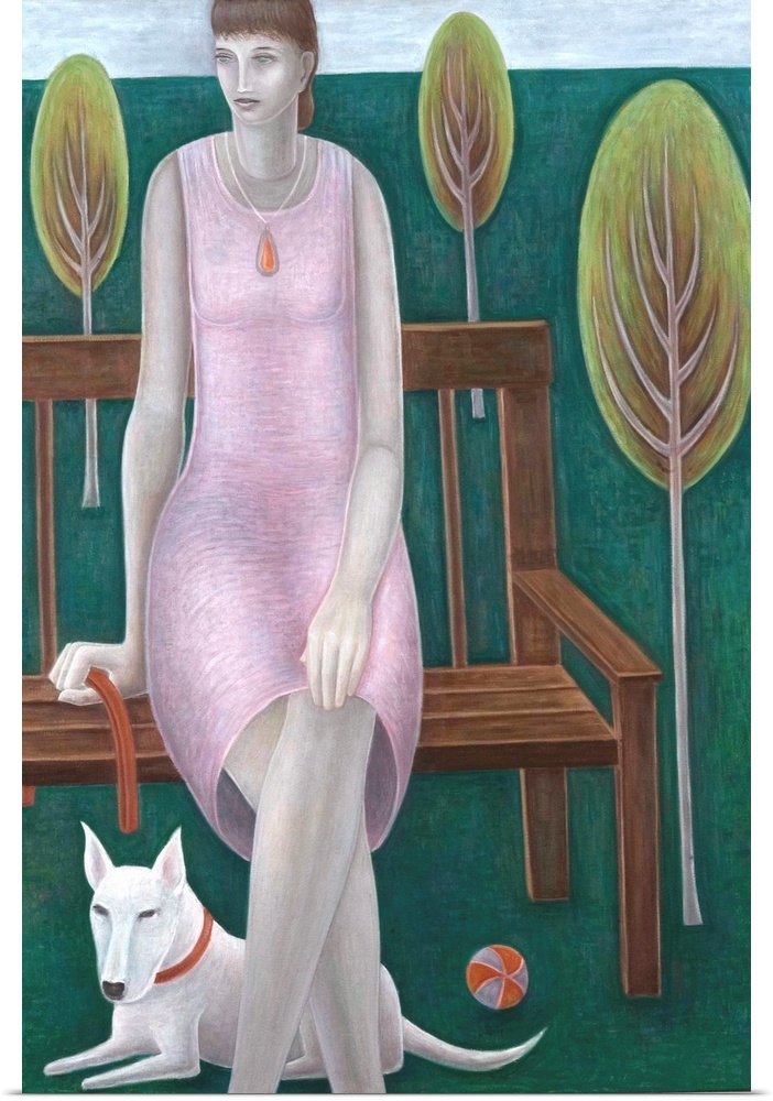 Contemporary painting of a woman sitting on a bench with a dog.