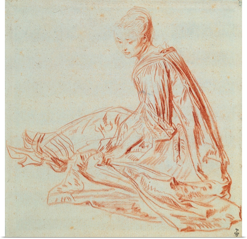 This is a late 19th century drawing or study of drapery on a woman seated on the ground looking over her shoulder while we...
