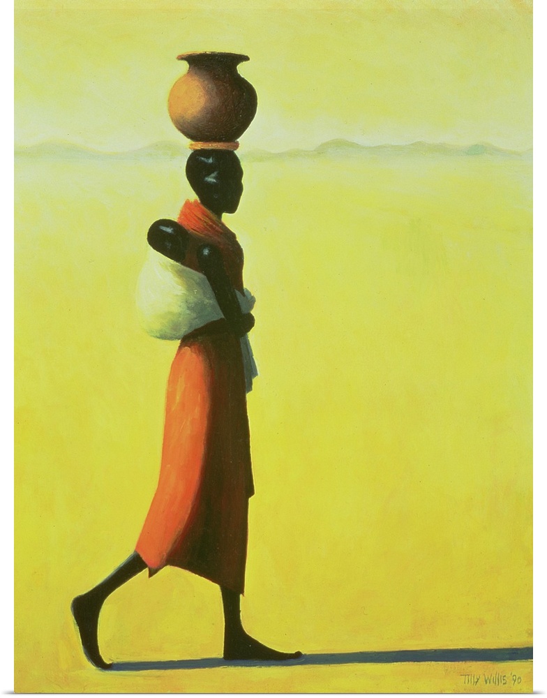 This vertical painting shows a single African woman walking through the desert with an urn balanced on her head and a baby...
