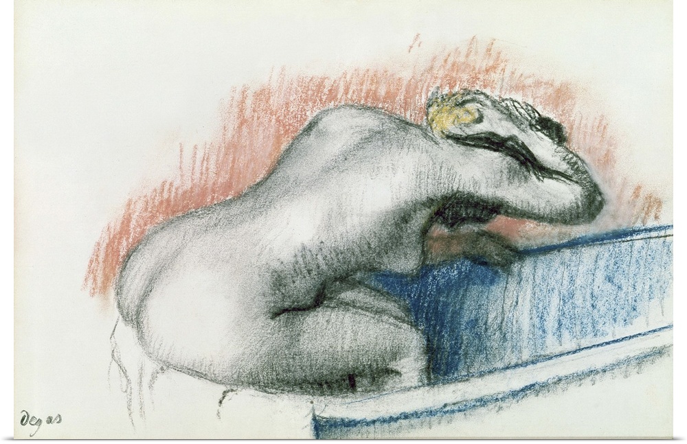 Large illustration of a woman bathing in a tub.