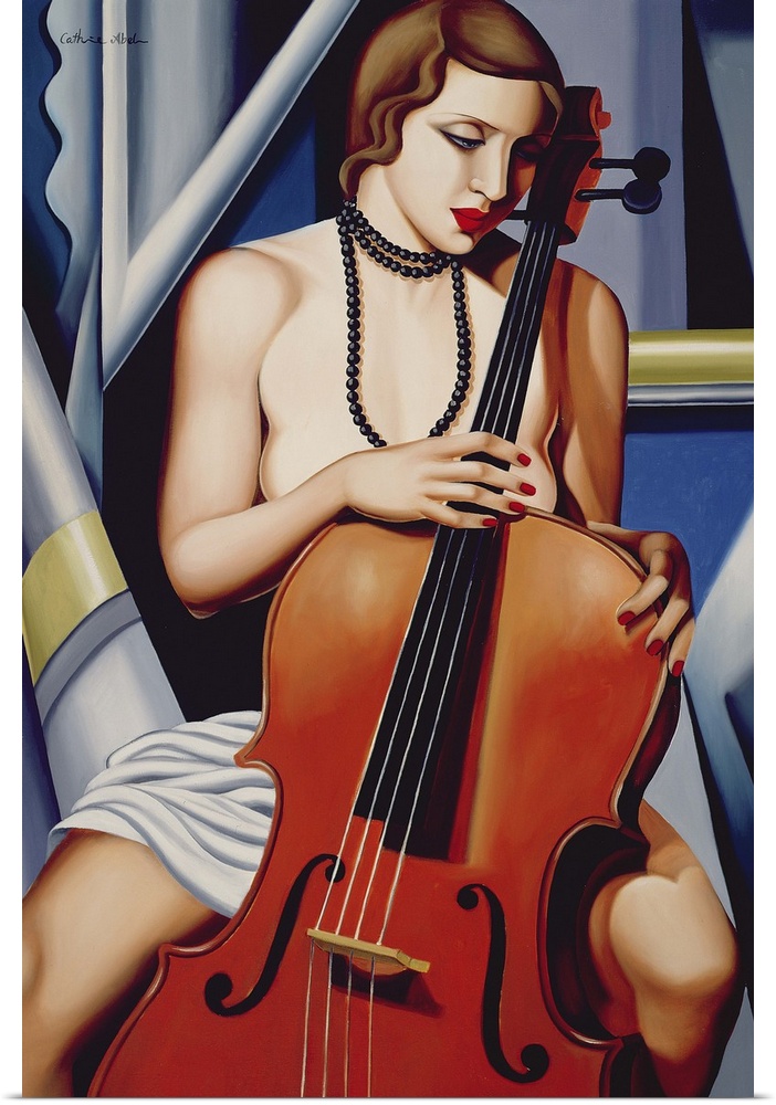 Big vertical contemporary artwork of a topless woman holding onto a cello as she gazes downward.  The cello covers part of...