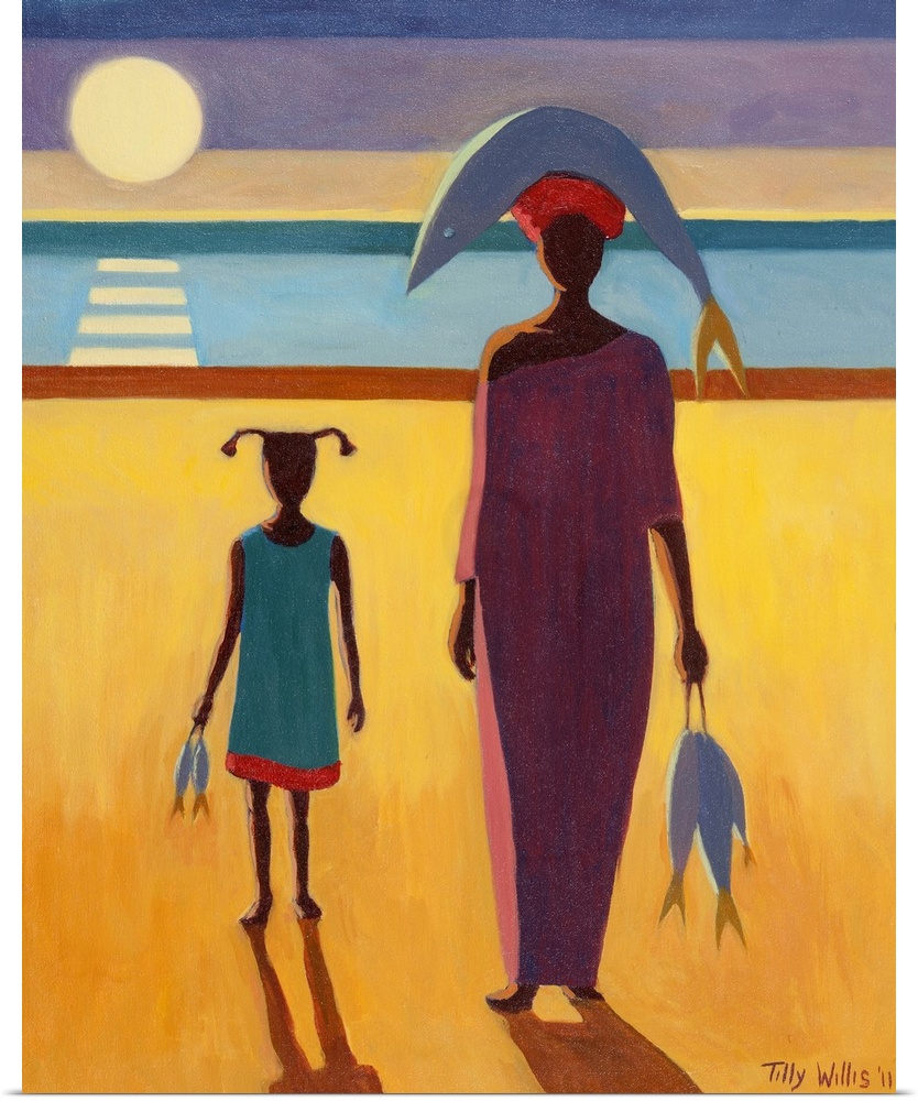 Oil painting of a woman with a fish on her head and a little girl carrying fish walking away from the ocean on a beach.