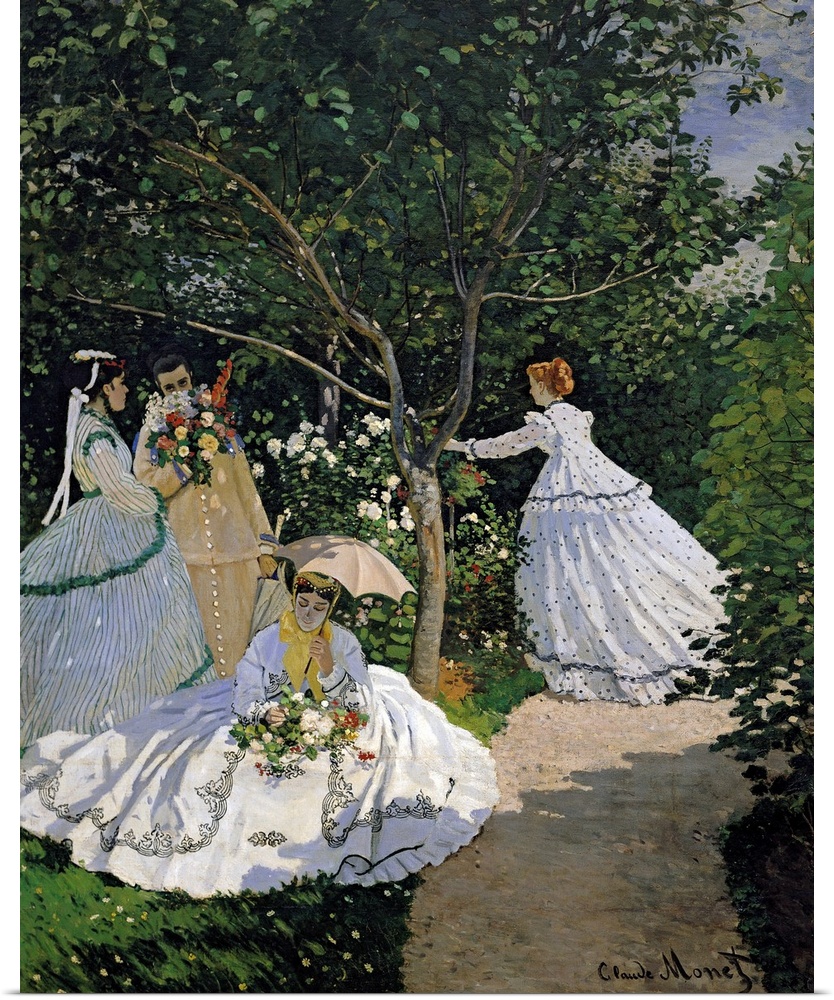 Classic oil painting by Claude Monet of four ladies surrounded by flowers and greenery.