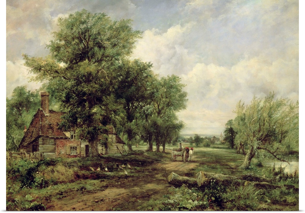 Wooded river landscape with a cottage and a horse drawn cart