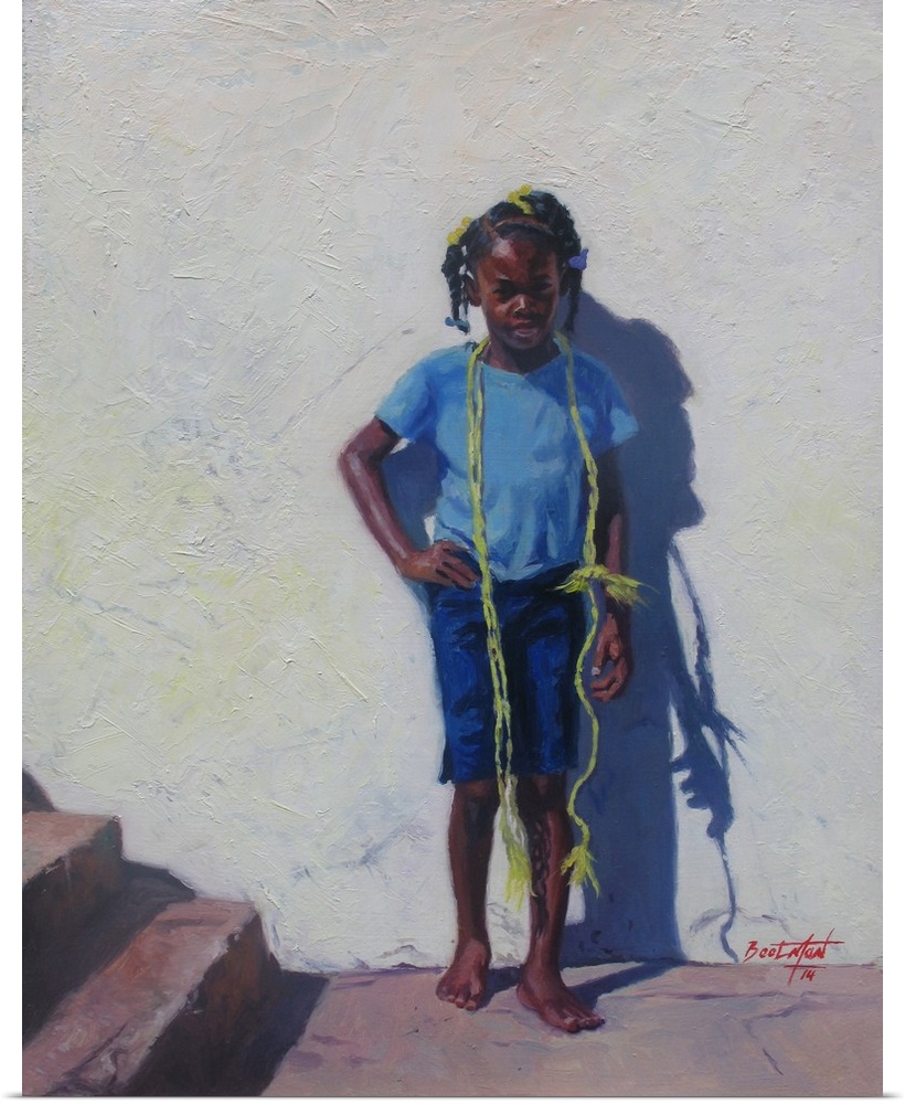 Contemporary painting of a girl with a yellow rope around her shoulders standing against a wall.