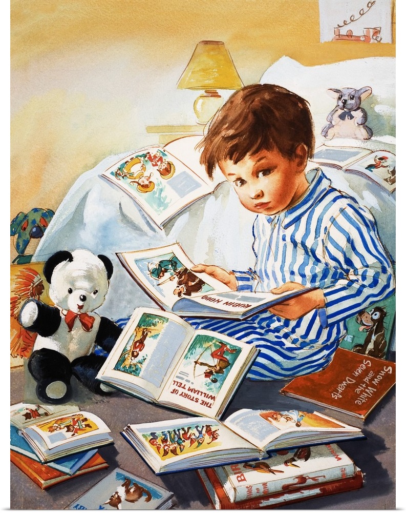 Young Boy reading story books.