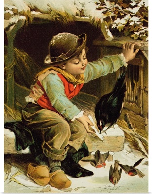 Young Boy with Birds in the Snow