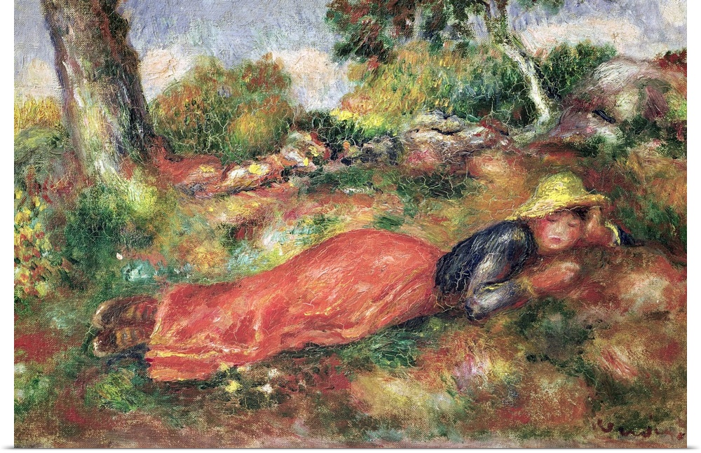Painting of a young child with a hat on sleeping in a colorful meadow.