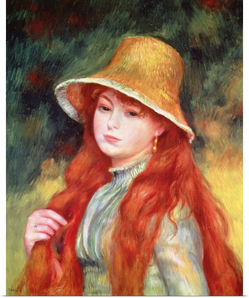 BAL76824 Young girl with long hair, or Young girl in a straw hat, 1884; by Renoir, Pierre Auguste (1841-1919); oil on canv...