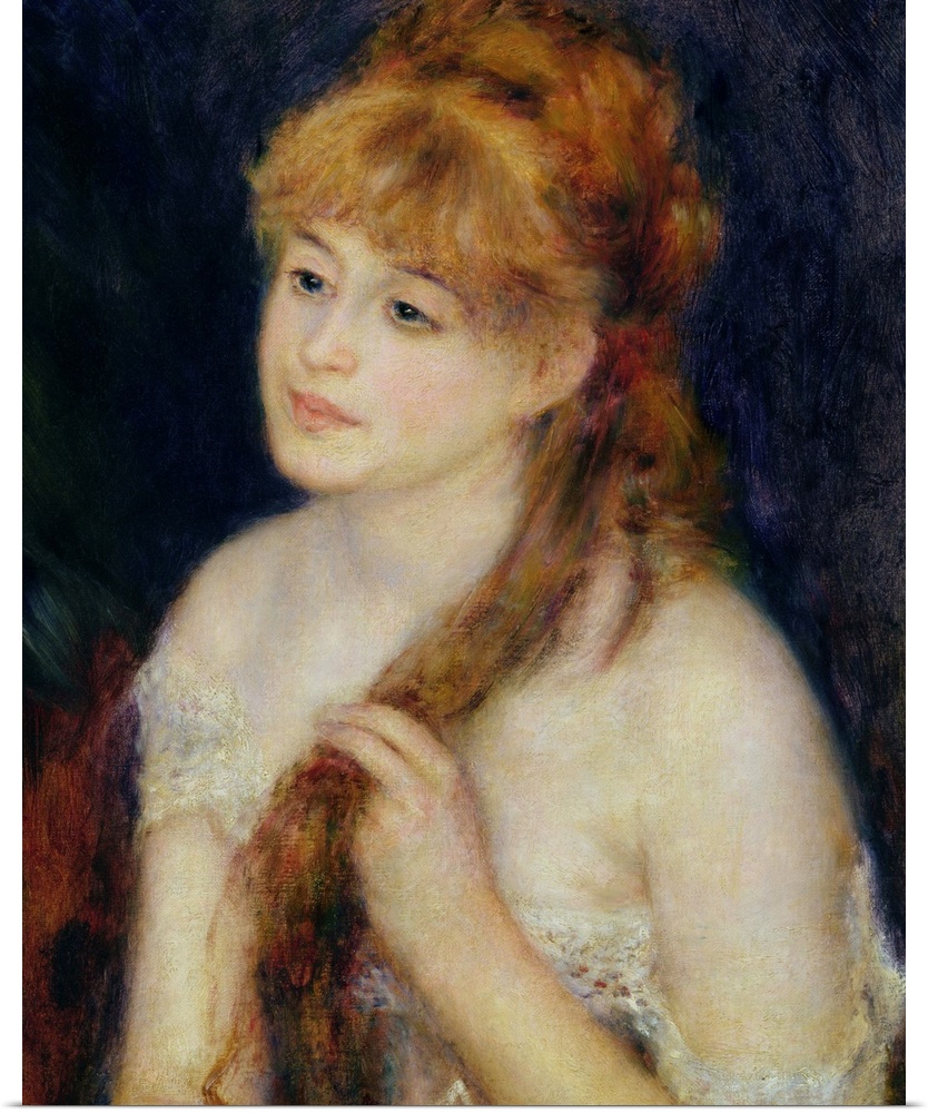 BAL72399 Young Woman Braiding her Hair, 1876 (oil on canvas)  by Renoir, Pierre Auguste (1841-1919); 56x46 cm; National Ga...