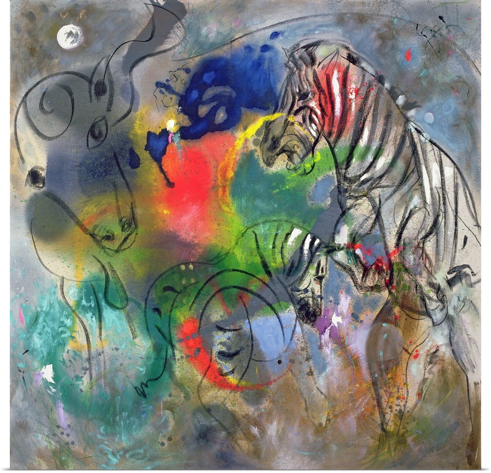 Contemporary abstract painting of wild zebras.