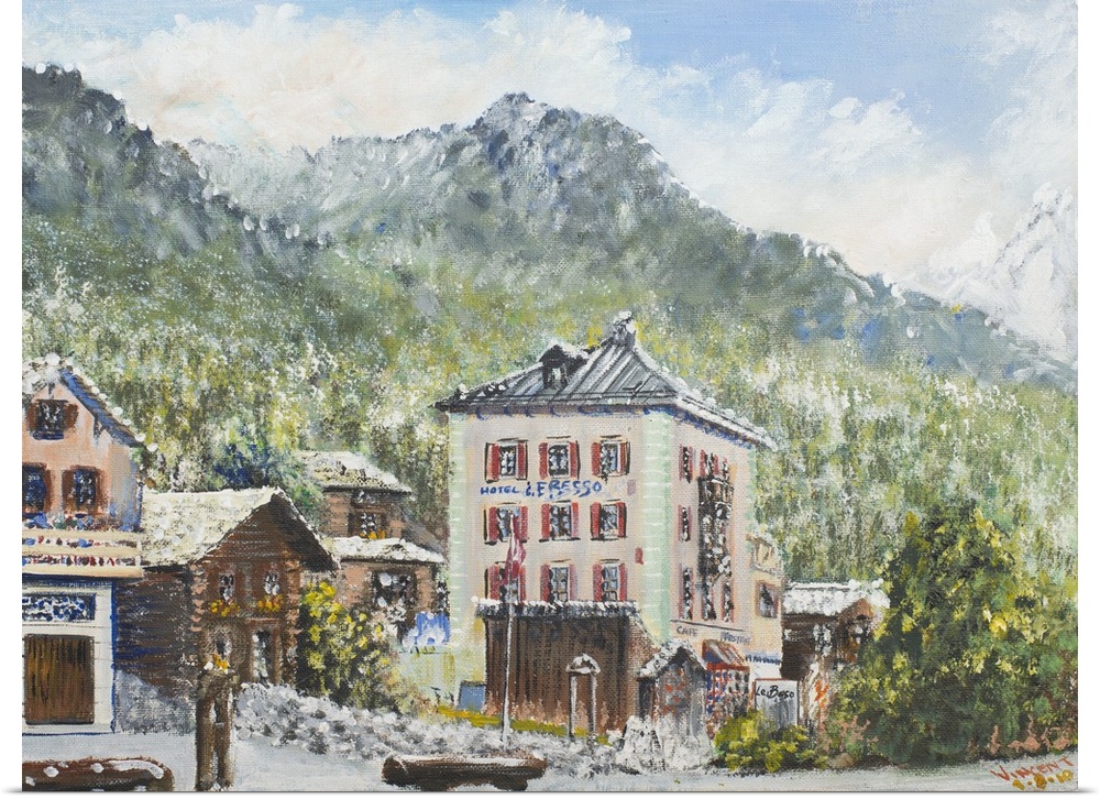 Contemporary painting of a view of a village building with a mountain in the distance in Switzerland.