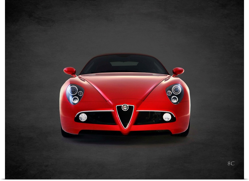 Photograph of a red 2008 Alfa Romeo 8C printed on a black background with a dark vignette.